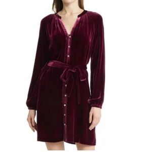 Faherty Naomi Dress Velvet Button Down Long Sleeve Silk Blend Maroon Sz Small